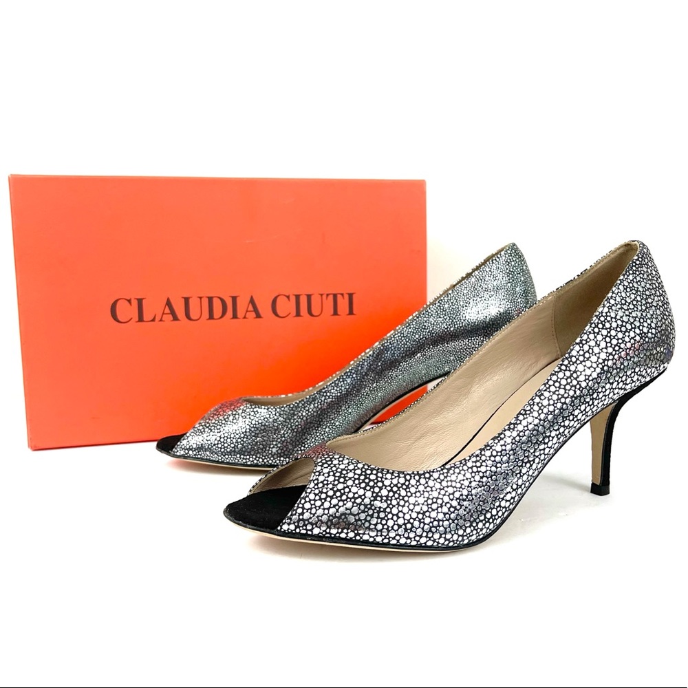 Claudia Ciuti Margy Crackle Silver Peep Toe Pumps